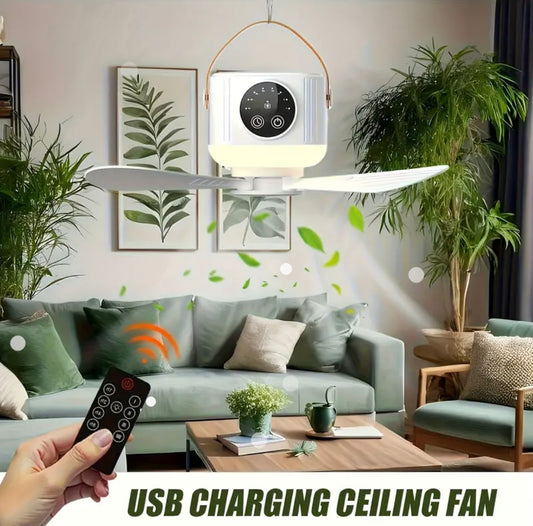 Portable Rechargeable Ceiling Fan with Remote Control & LED Light